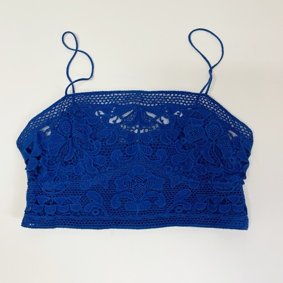 NEW Free People Bralette Womens Medium Blue Embroidered Lace Floral Smocked NWOT - Picture 2 of 9